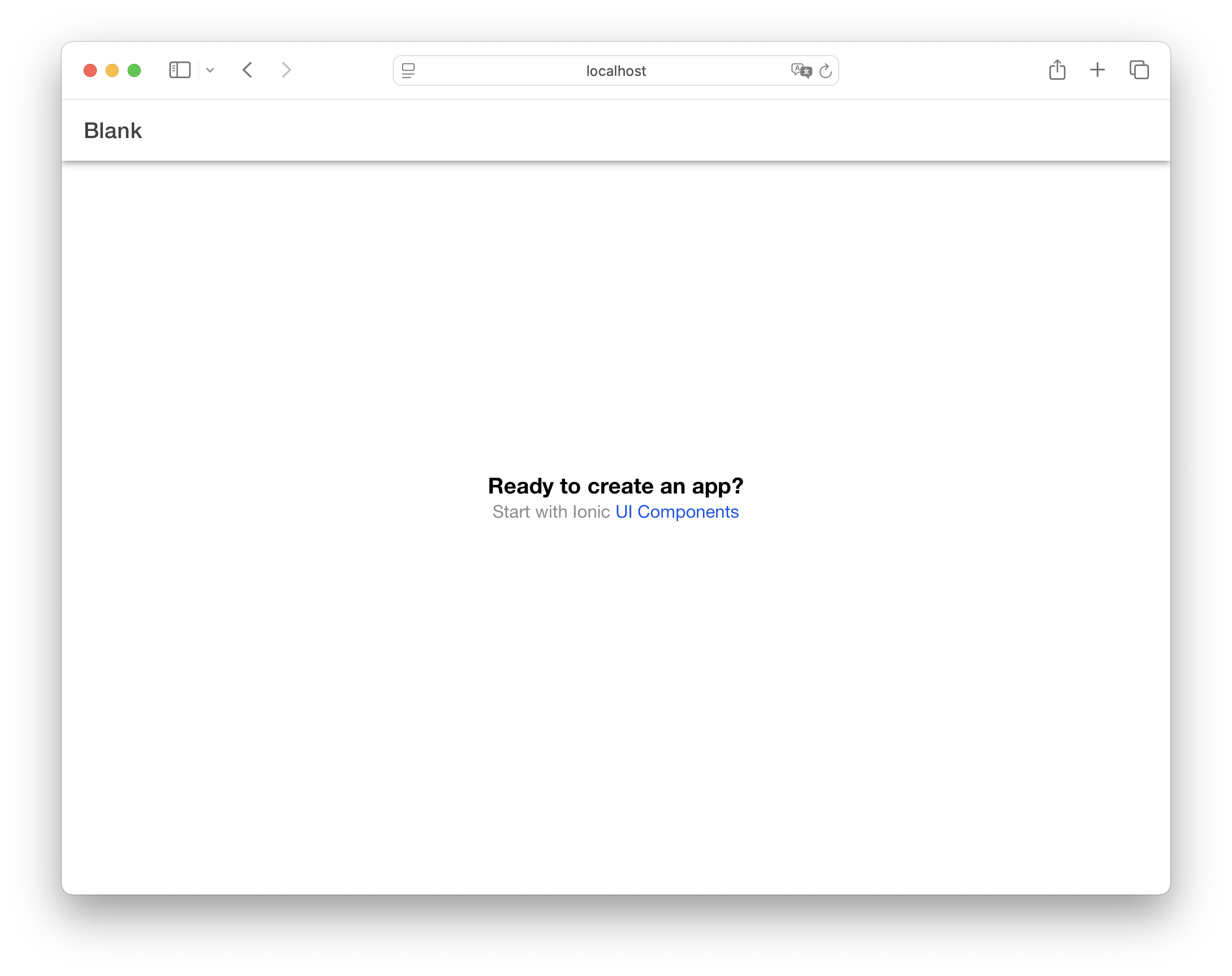 Screenshot of the Ionic Vue Home page showing the message &quot;Ready to create an app? Start with Ionic UI Components&quot;